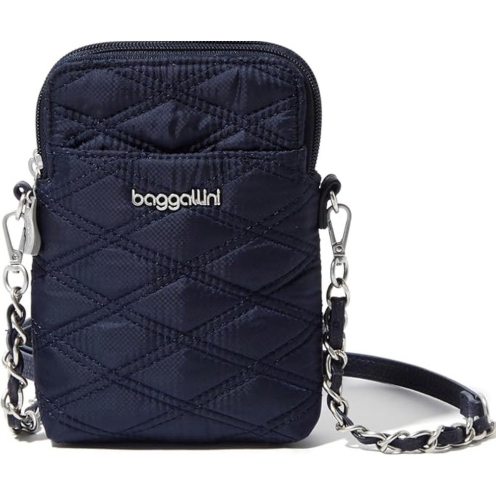 NWT $60 Baggallini Navy Quilted RFID Take Two Bryant Crossbody Bag Silver Chain